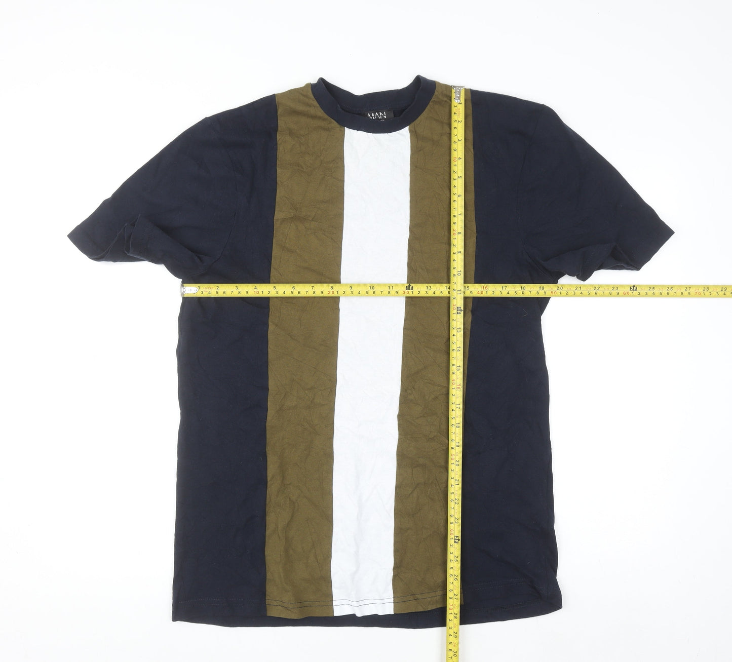 boohooMAN Men's Khaki Navy White Stripe Cotton Crew Neck T-Shirt Tall M