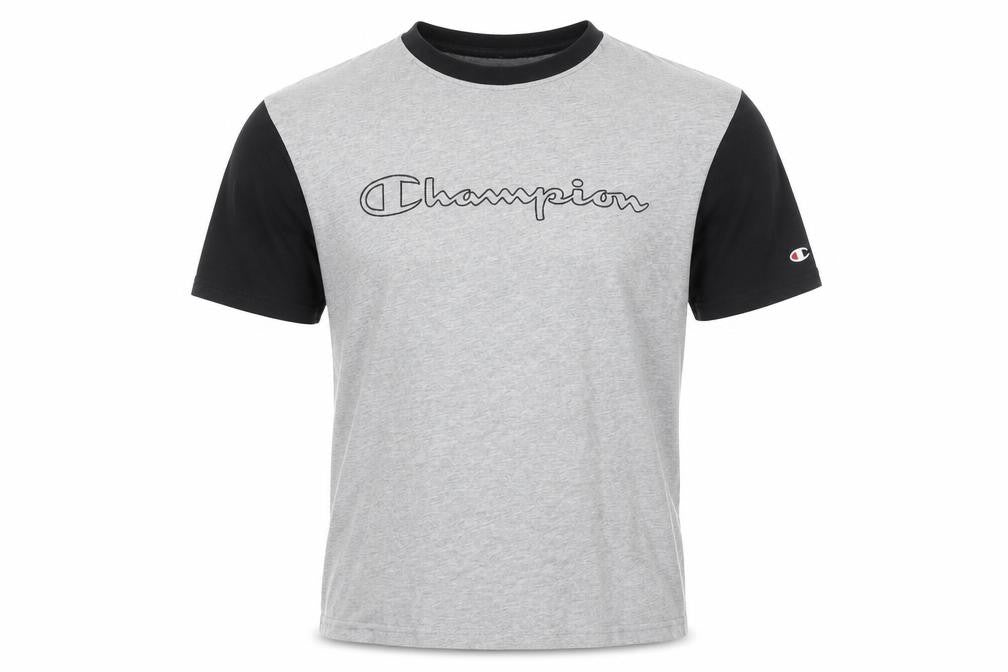 Front view of Champion Men’s Grey Black Short Sleeve Crew Neck Sports T-Shirt Medium