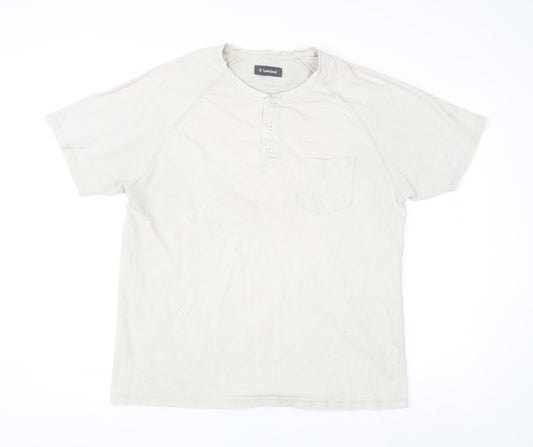 Hawkshead Men Beige Cotton Henley Short Sleeve Casual Shirt L