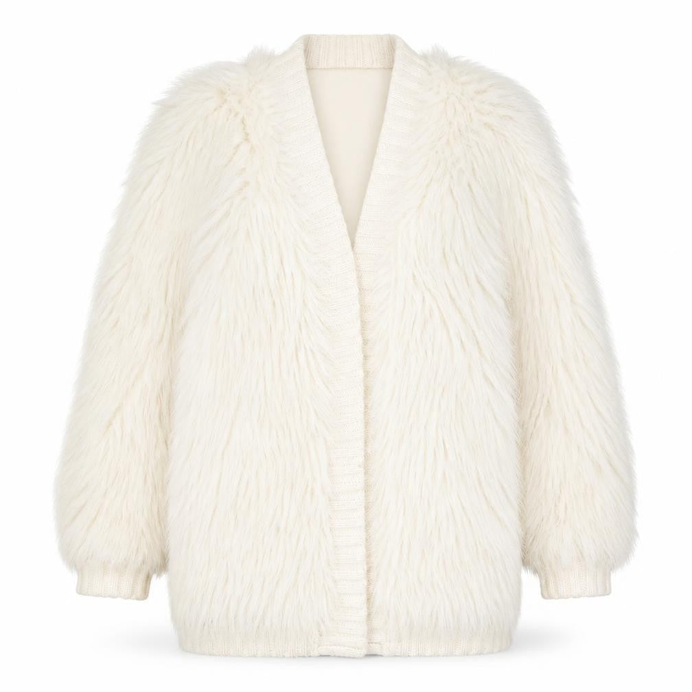 Front view of River Island women’s ivory faux fur knit coatigan, size UK 10