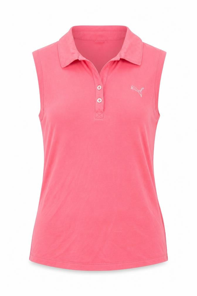 Front view of Puma women’s pink sleeveless polo top, size UK 10, cotton blend