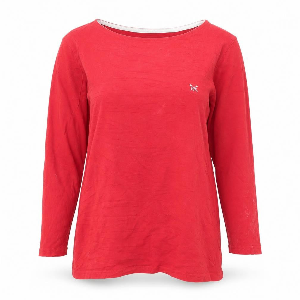 Front view of Crew Clothing women’s red 100% cotton long sleeve t-shirt, size UK 12
