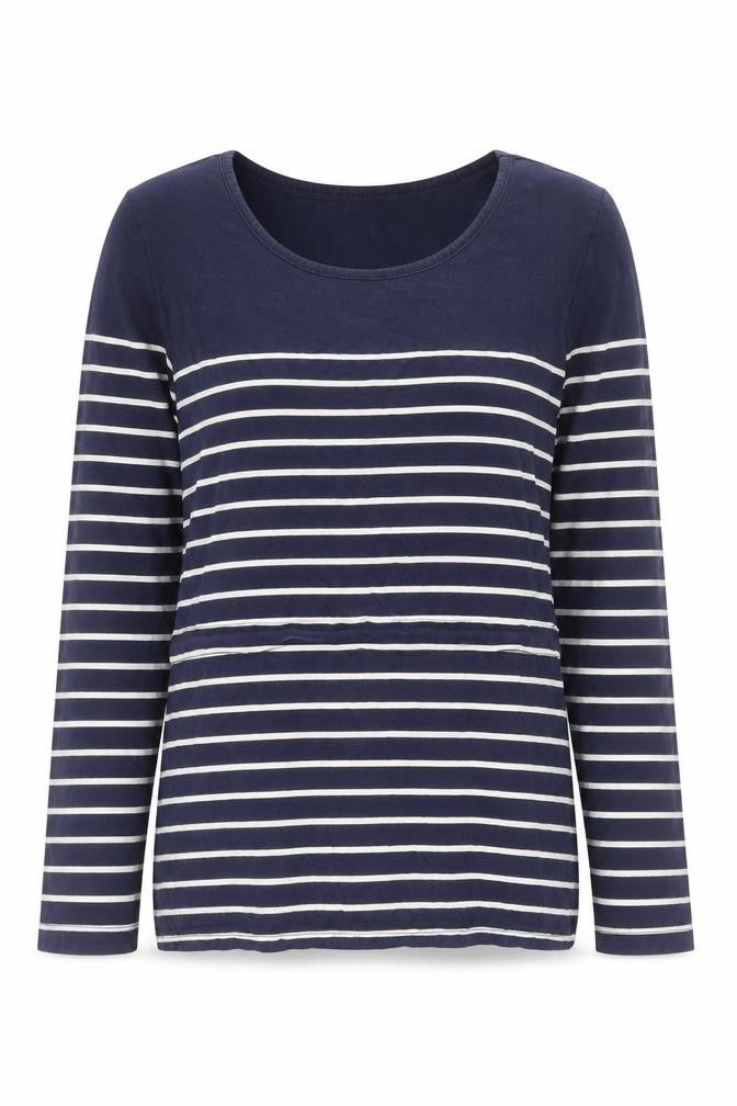 Front view of JoJo Maman Bébé Women's Blue Striped Long Sleeve Maternity T-Shirt S