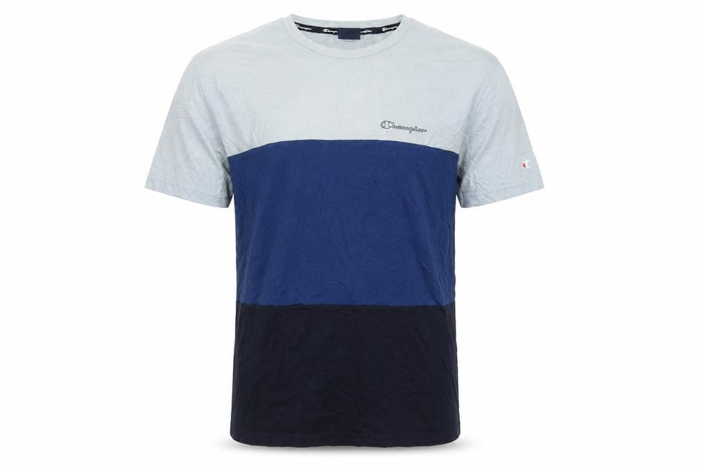 Front view of Champion Men's Blue Colourblock Crew Neck Cotton T-Shirt XL