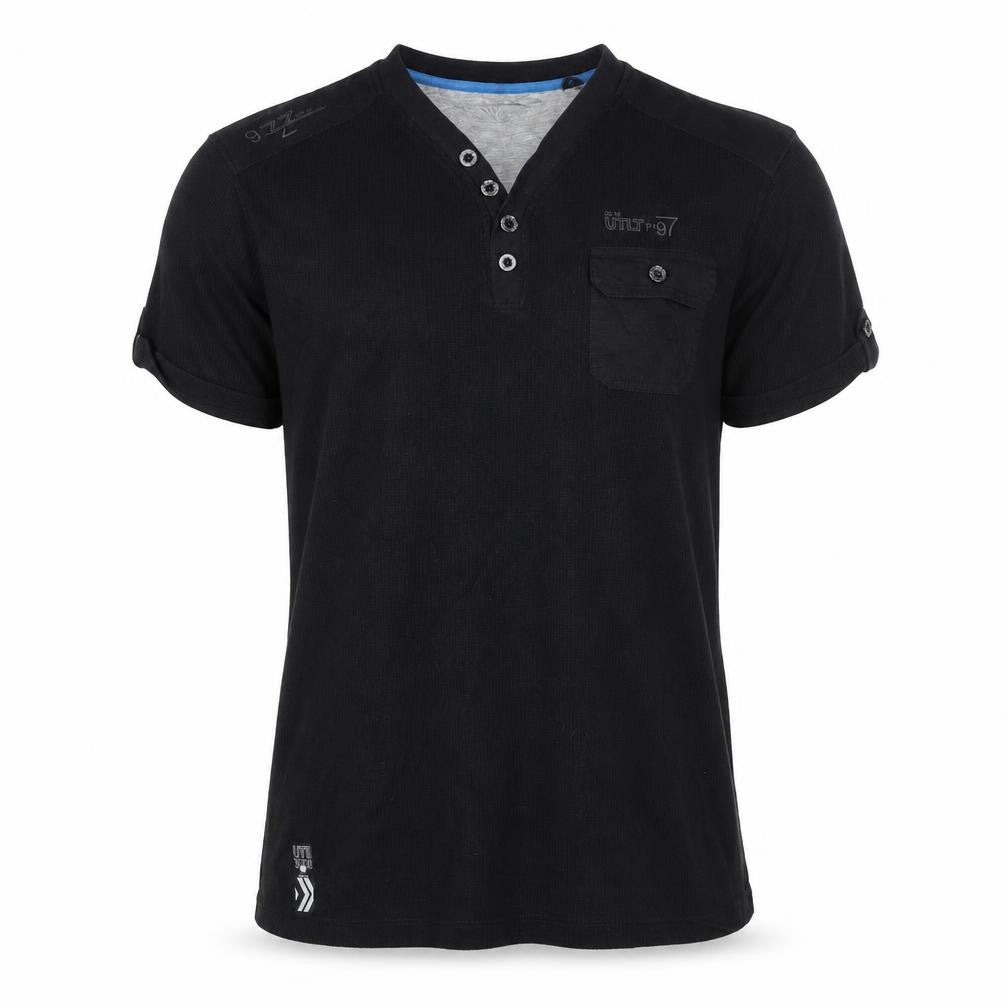 Front view of Easy Men's Black XL Henley Cotton Casual Short Sleeve Shirt