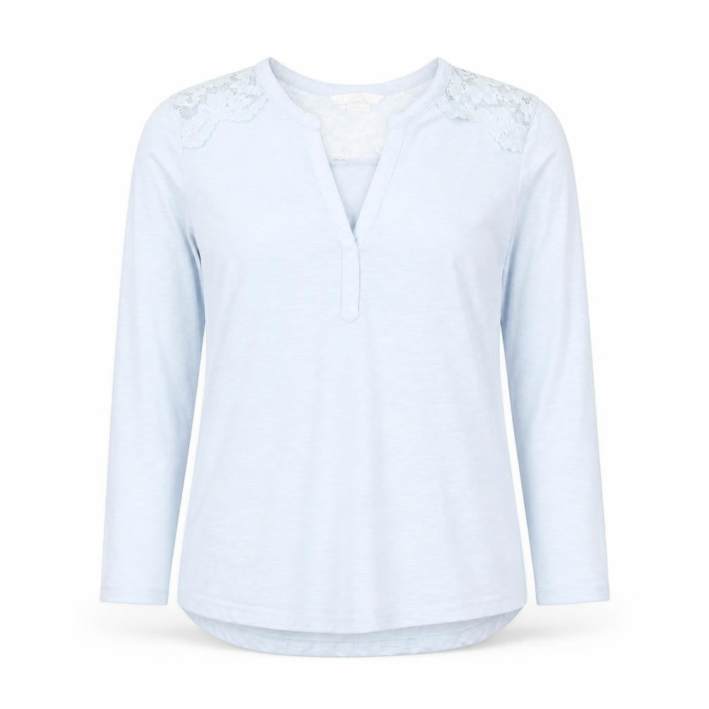 Front view of H&M Women Blue Lace Shoulder Long Sleeve V-Neck Blouse XS