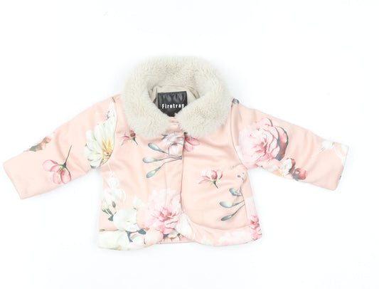 Firetrap Baby Girls Pink Floral Faux Fur Collar Puffer Jacket 0-6 Months