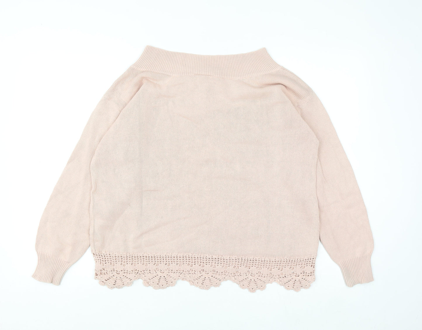 River Island Women's Pink Cotton Crochet Hem Jumper Size 10