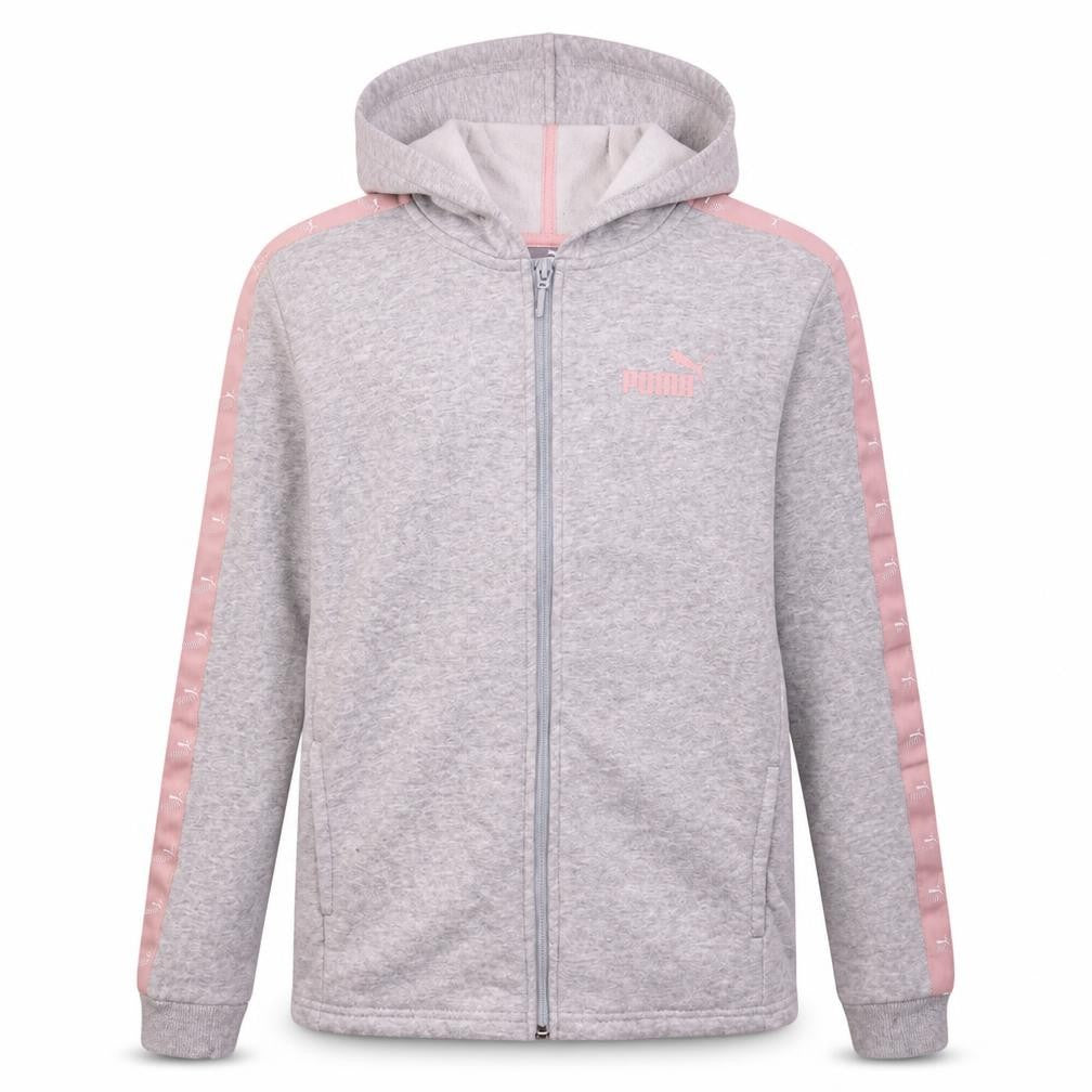 Front view of Puma girls’ grey full zip hoodie 13-14 years logo hooded sports sweatshirt