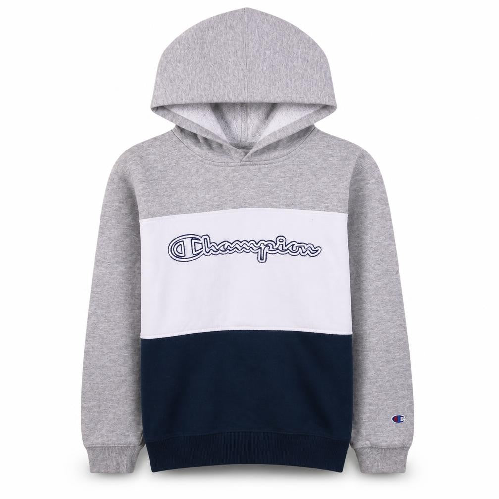 Front view of Champion boys’ grey colourblock pullover hoodie, size L, cotton blend