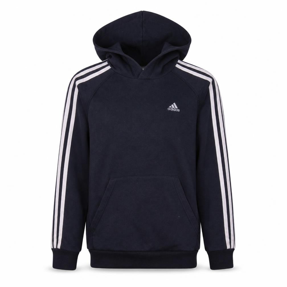 Front view of Adidas boys’ navy blue pullover hoodie l performance essentials