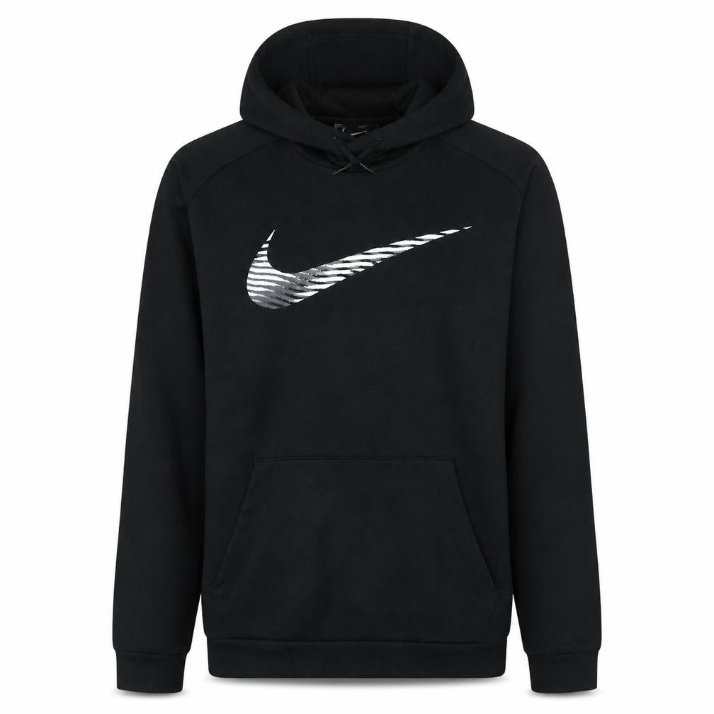Front view of Nike men’s black pullover hoodie small logo graphic dri-fit