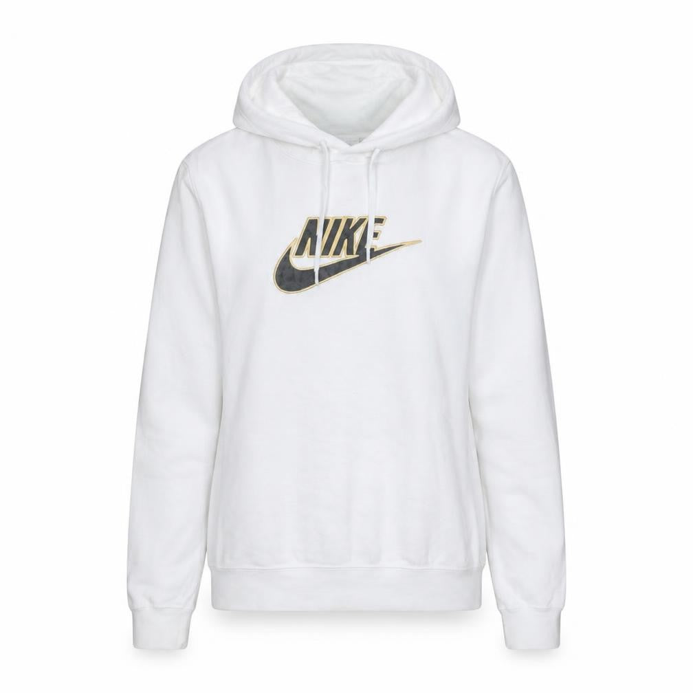 Front view of Nike Women's White Small Pullover Hoodie with Gold Logo