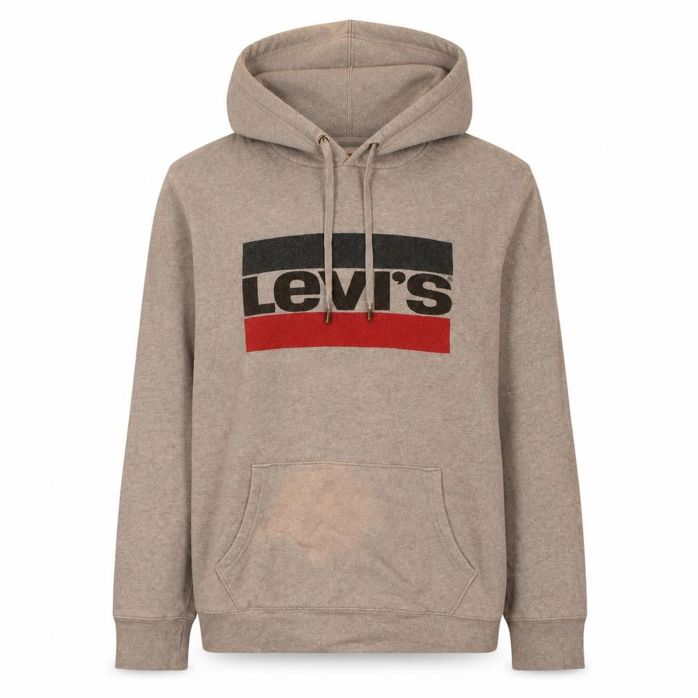 Front view of Levi's women’s beige l pullover hoodie with logo print