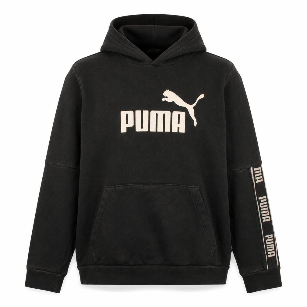 Front view of Puma Men Black Logo Pullover Hoodie, size L, Fleece Sweatshirt