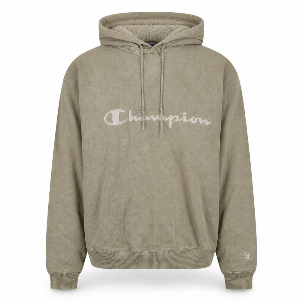 Front view of Champion men’s beige pullover hoodie l regular fit vintage sportswear