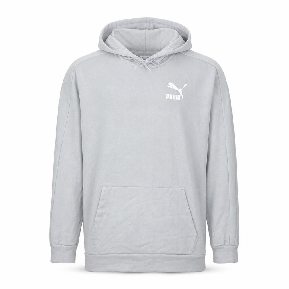 Front view of Puma Men's Grey Pullover Hoodie, size M, Sportswear