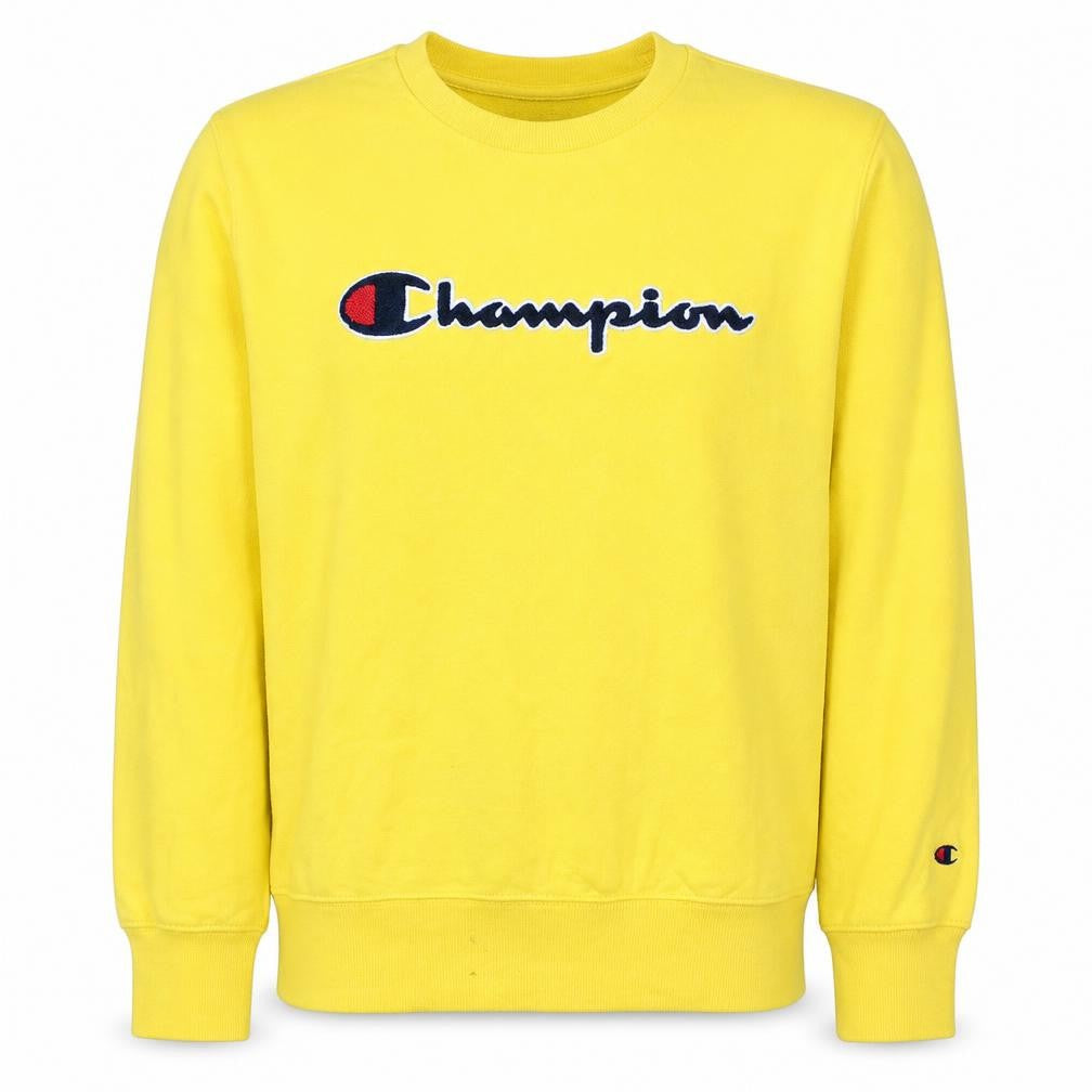 Front view of Champion Men's Yellow Embroidered Logo Pullover Sweatshirt Medium