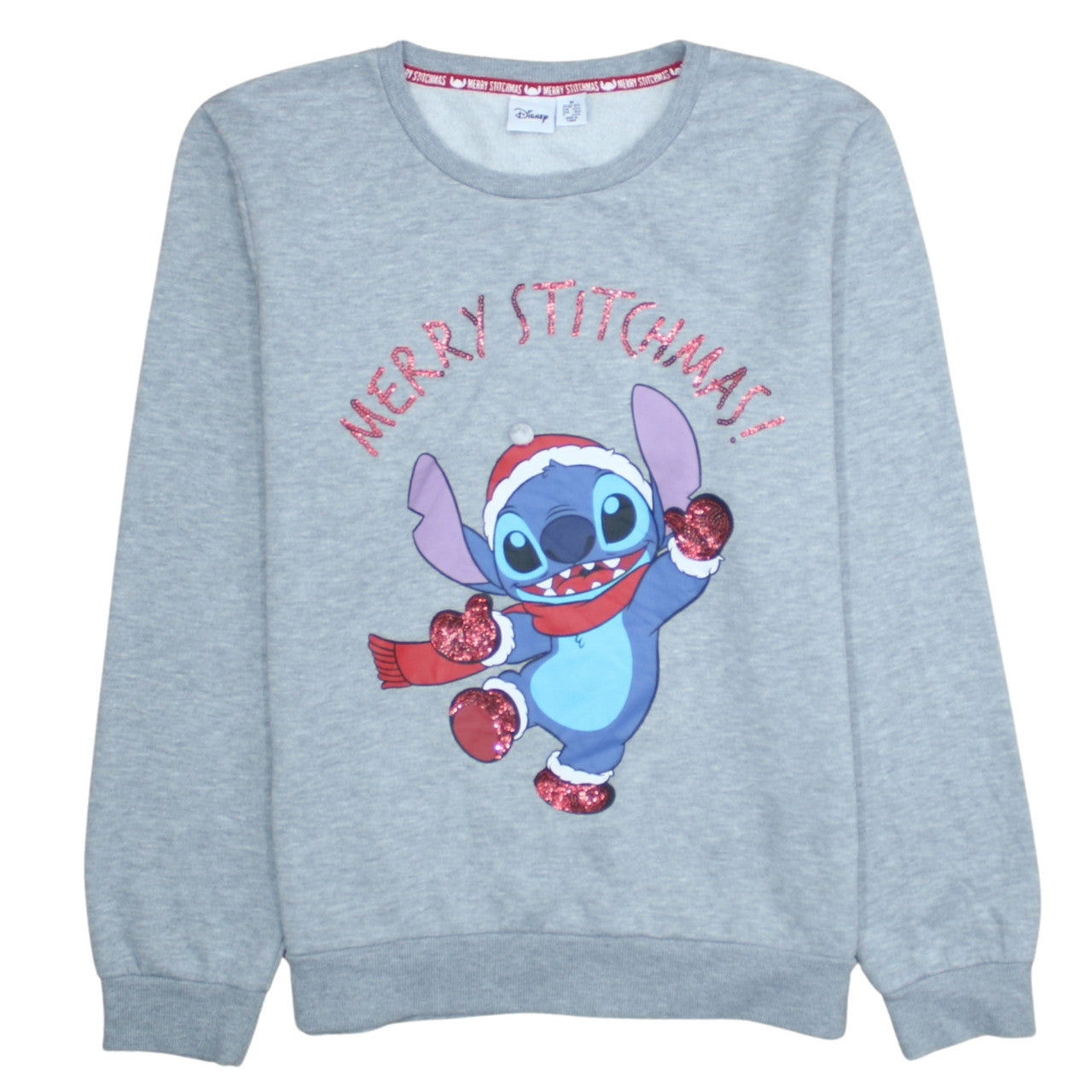 Disney Women Grey Stitch Christmas Sweatshirt M Graphic Glitter Pullover