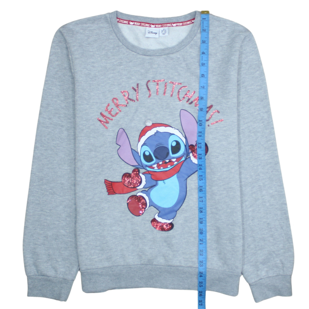 Disney Women Grey Stitch Christmas Sweatshirt M Graphic Glitter Pullover