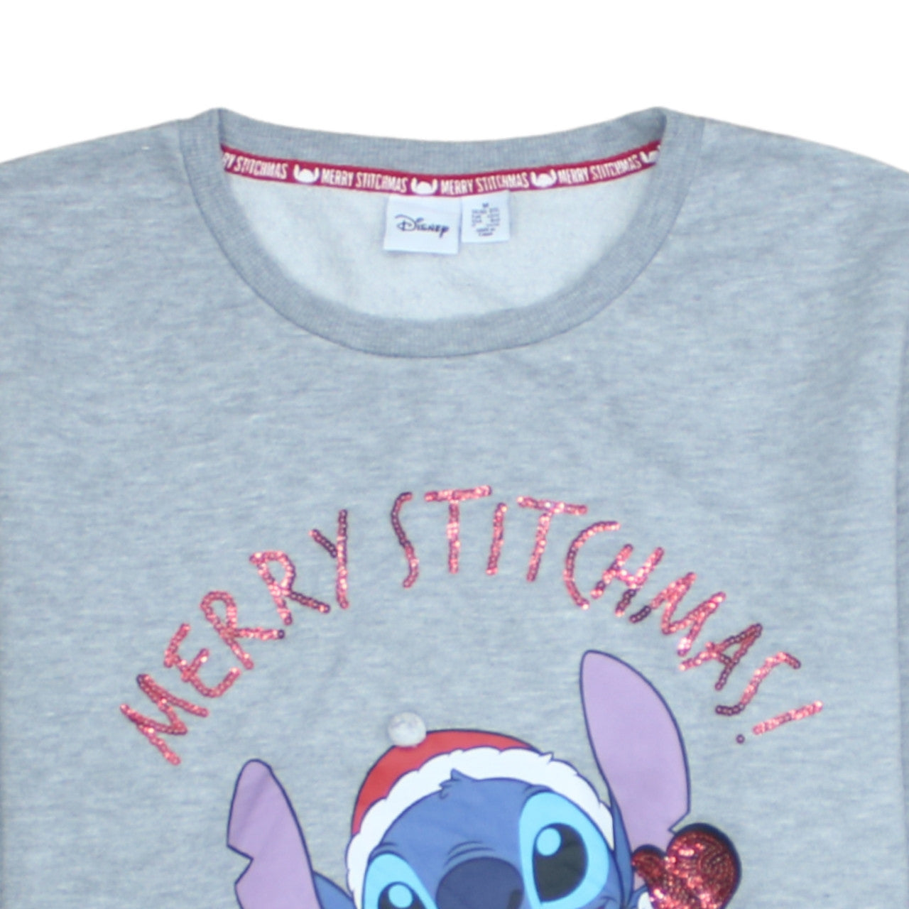 Disney Women Grey Stitch Christmas Sweatshirt M Graphic Glitter Pullover