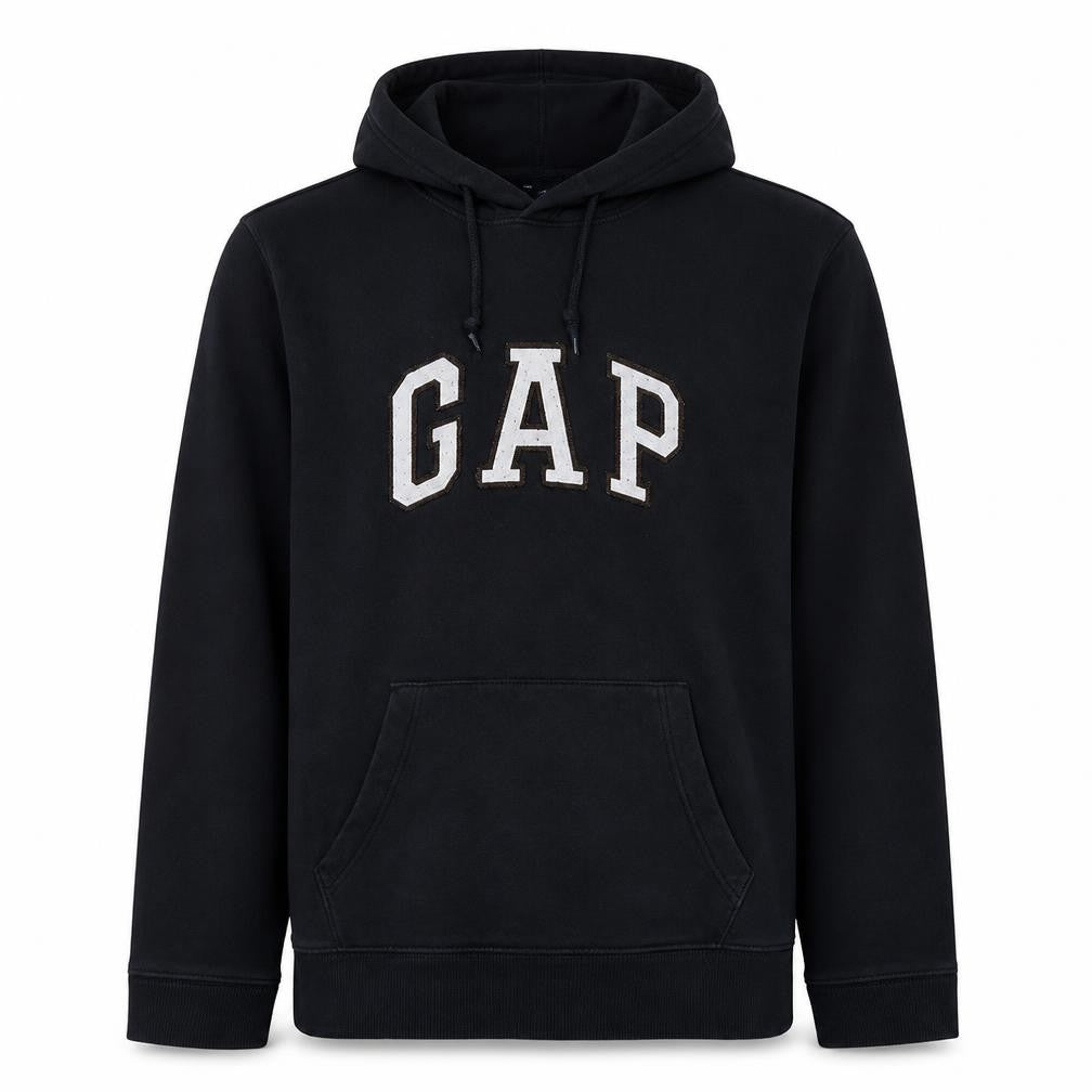 Front view of Gap Men's Black Pullover Hoodie Medium Fleece Lined Logo Sweatshirt