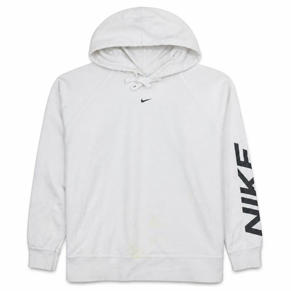 Front view of Nike Men’s White Pullover Hoodie Dri-Fit Logo Sportswear, size S