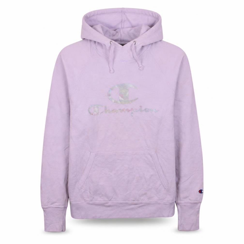 Front view of Champion women’s lilac pullover hoodie, size L, logo print cotton blend
