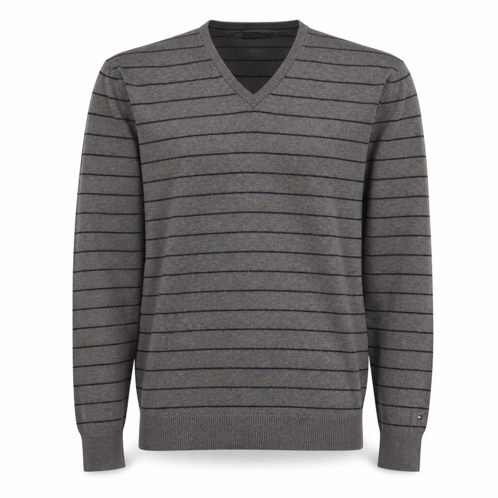 Tommy Hilfiger Men's Grey Striped V-Neck Cotton Cashmere Jumper XL