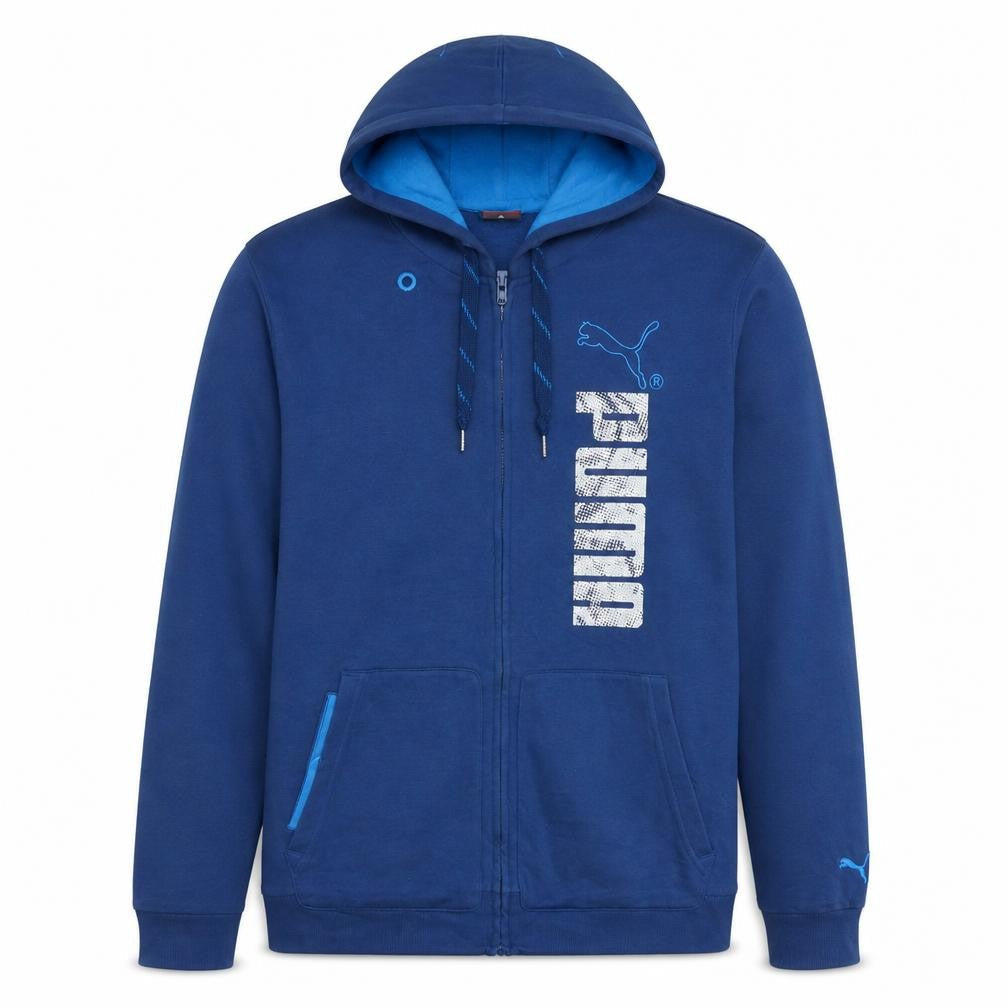 Front view of Puma Men's Blue XL Full Zip Hoodie Graphic Sportswear