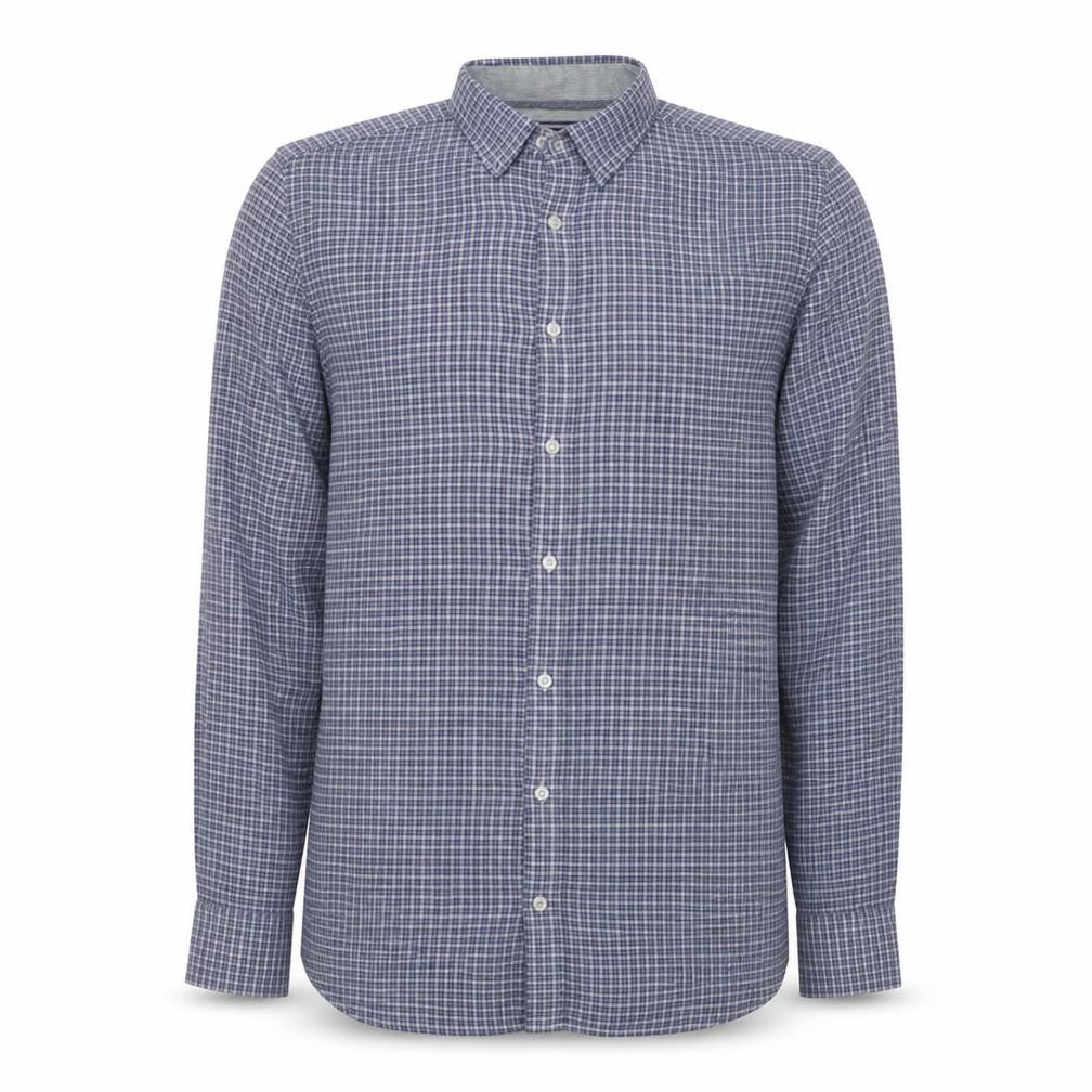 Front view of Tommy Hilfiger Men’s Blue Check Slim Fit Long Sleeve Cotton Shirt L