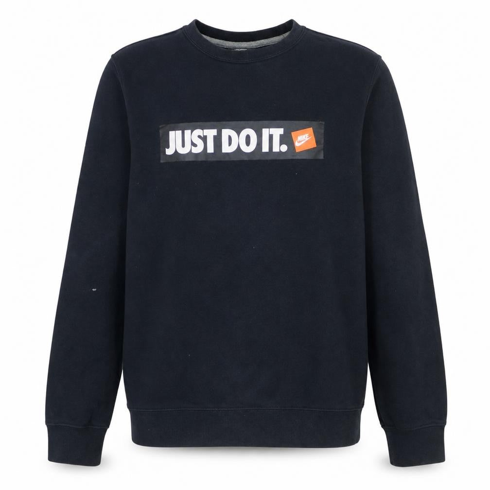 Front view of Nike Men's Black Just Do It Pullover Crew Neck Sweatshirt, size S