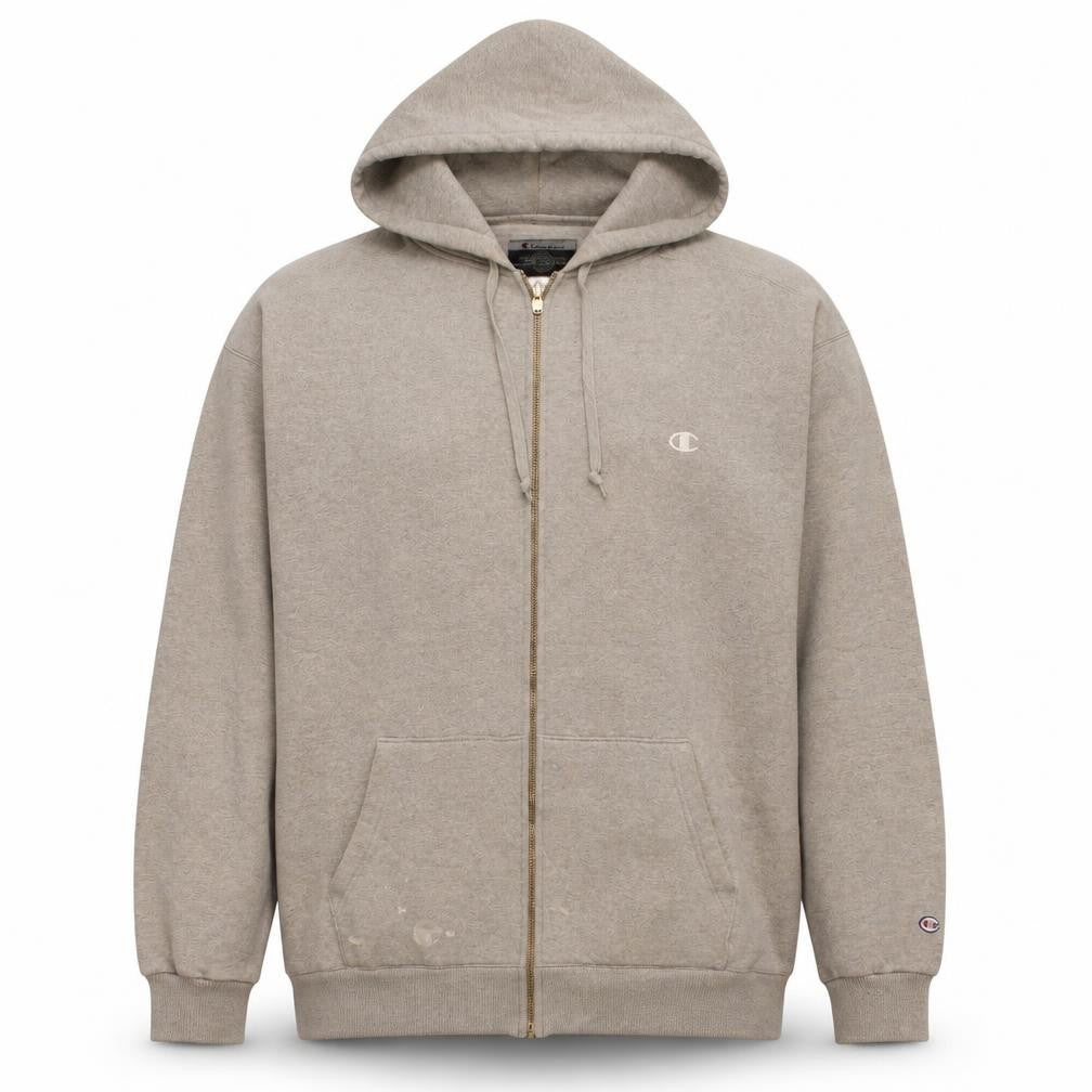 Front view of Champion Men's Beige Full Zip Hoodie L Fleece Cotton Blend