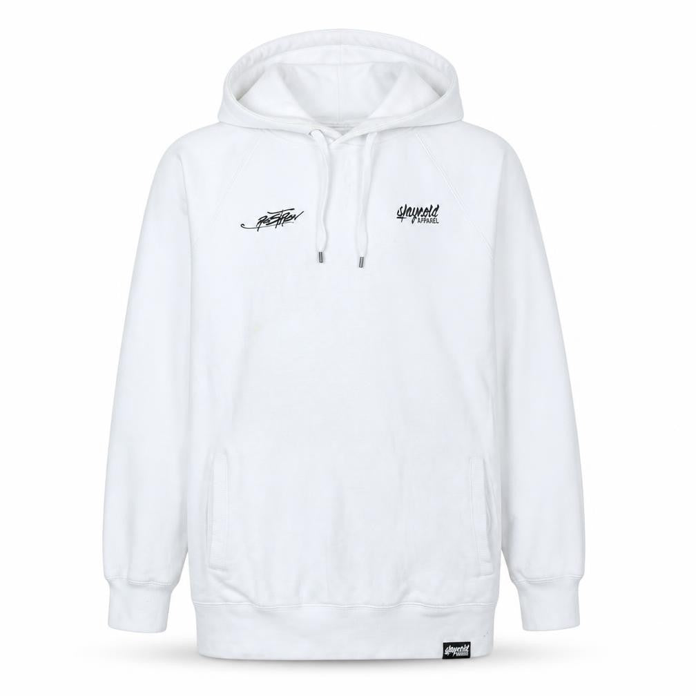 Front view of Slaycold Apparel Men's White XL Pullover Hoodie Dragon Graphic
