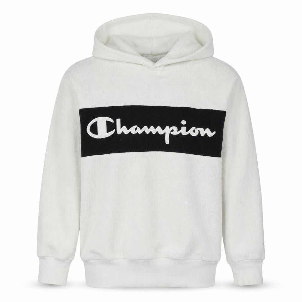 Front view of Champion Women's White Pullover Hoodie Medium Fleece Logo Sweatshirt