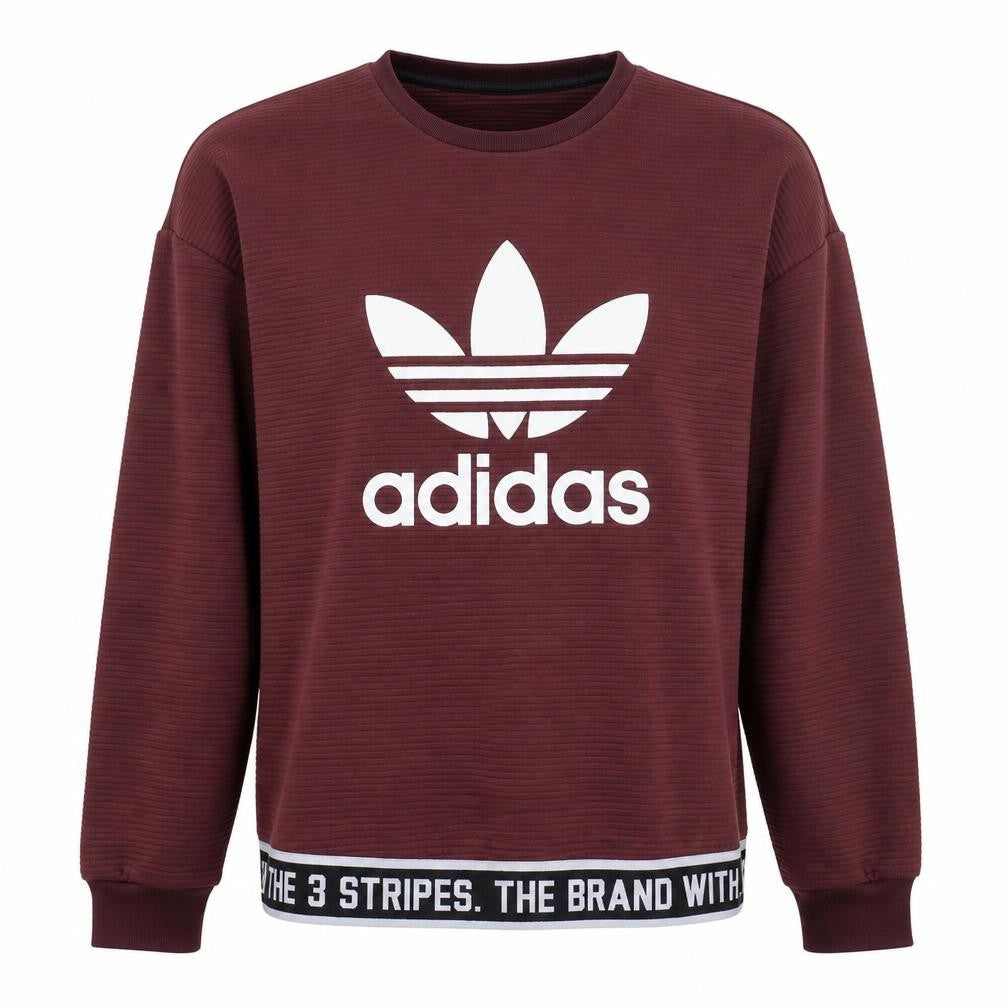 Front view of Adidas women’s burgundy crew neck long sleeve sweatshirt, size UK 10