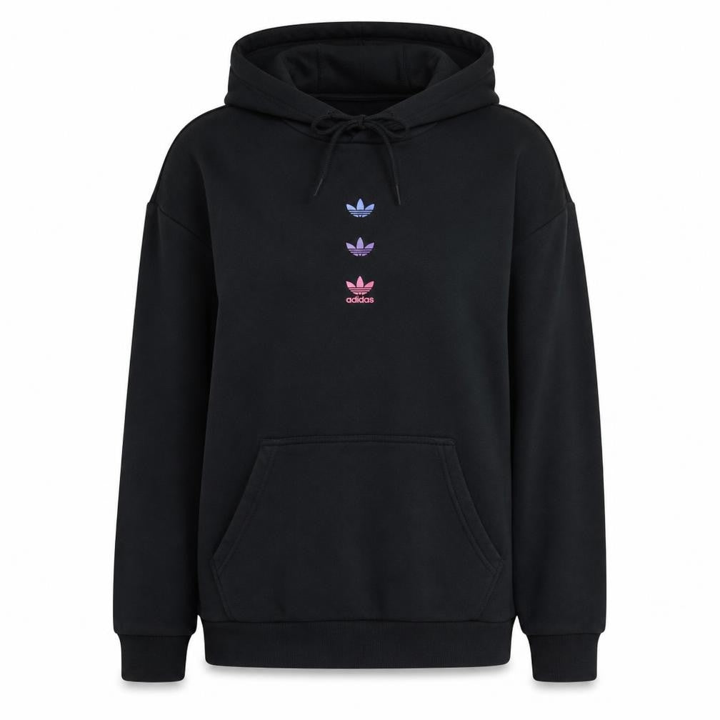 Front view of Adidas women’s black hooded pullover sweatshirt, size UK 10, classic fit