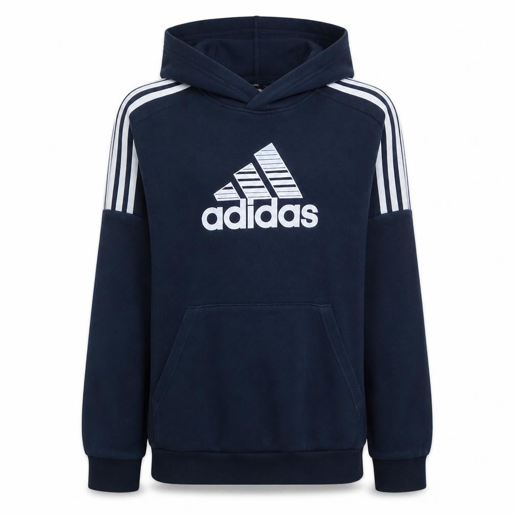 Front view of Adidas boys’ navy blue pullover hoodie sweatshirt 14 years logo print