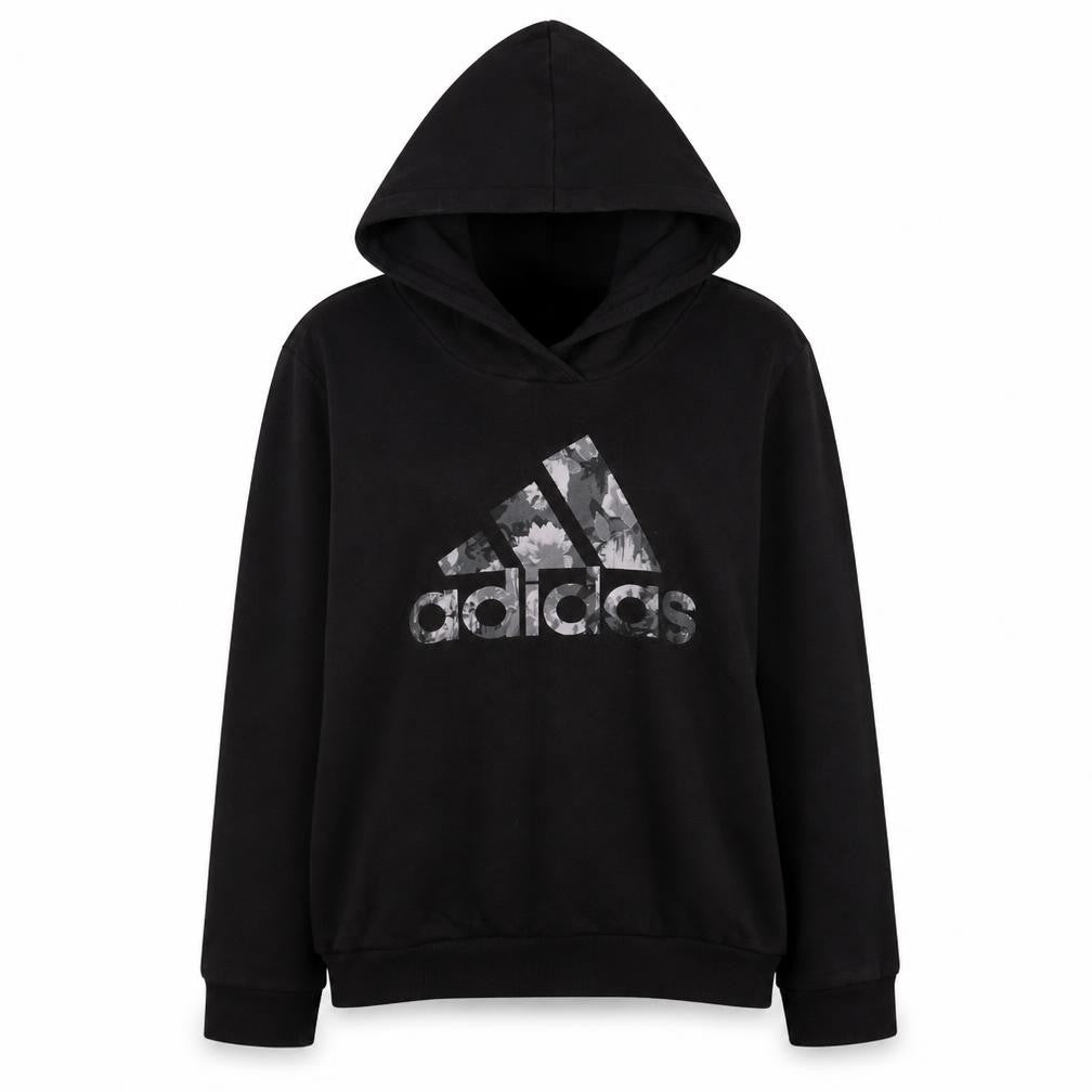 Front view of Adidas Women's Black Pullover Hoodie, size L, 16-18 Logo Print Sportswear