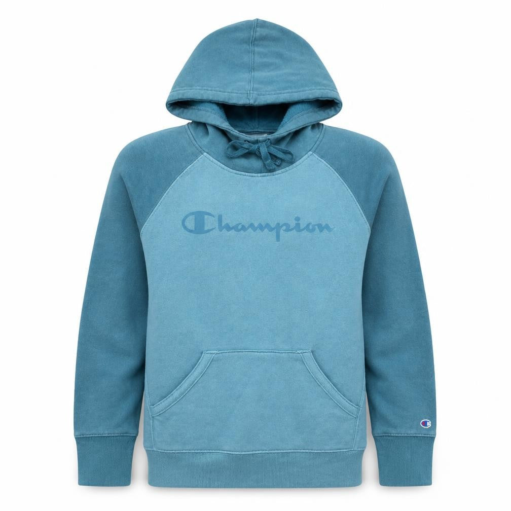 Front view of Champion Men's Blue Pullover Hoodie Medium Fleece Logo Sweatshirt