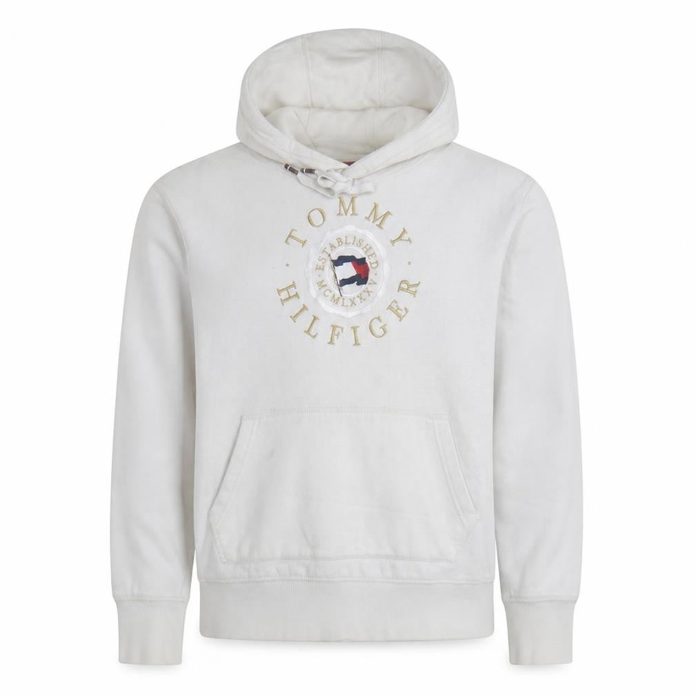 Front view of Tommy Hilfiger Men's White Pullover Hoodie L Regular Fit Cotton