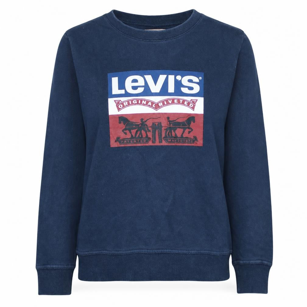 Front view of Levi's women’s navy blue logo crew neck sweatshirt, size UK 12