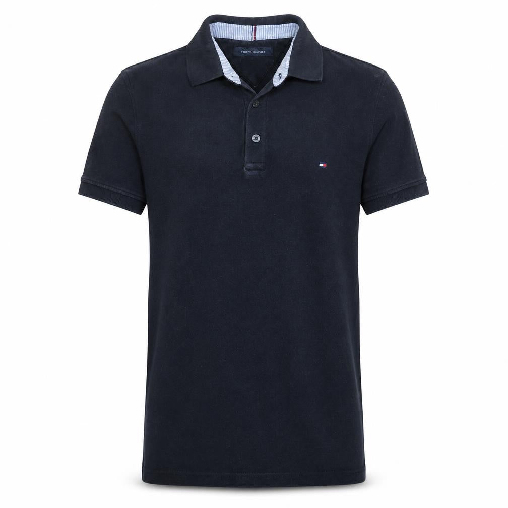 Front view of Tommy Hilfiger Men's Black Slim Fit Stretch Polo Shirt S