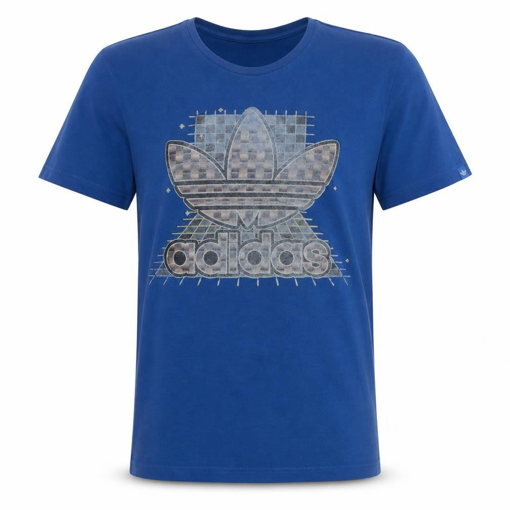 Front view of Adidas Men's Blue Graphic Print Crew Neck Short Sleeve T-Shirt XL