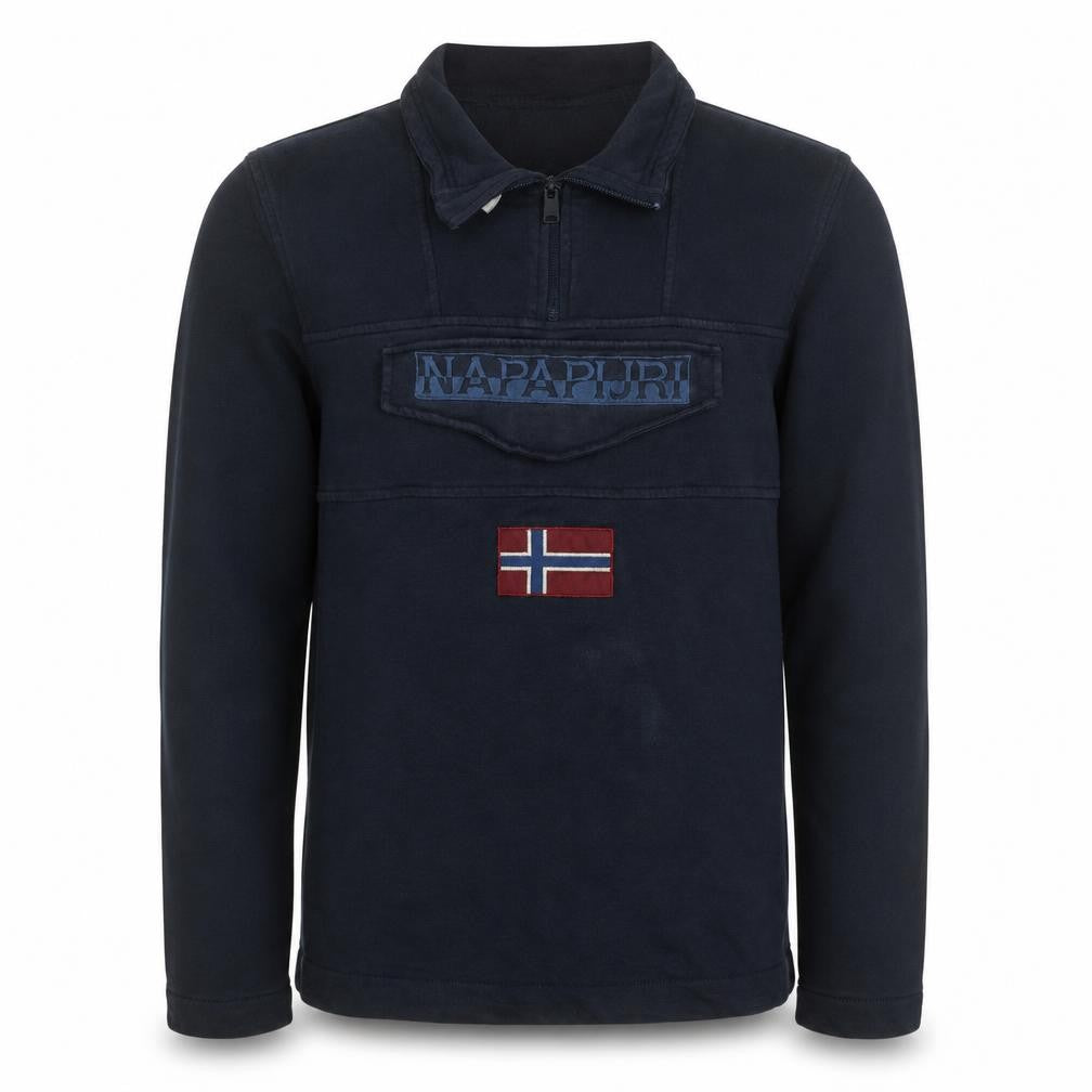 Front view of Napapijri Men's Blue 1/4 Zip Pullover Sweatshirt, size S