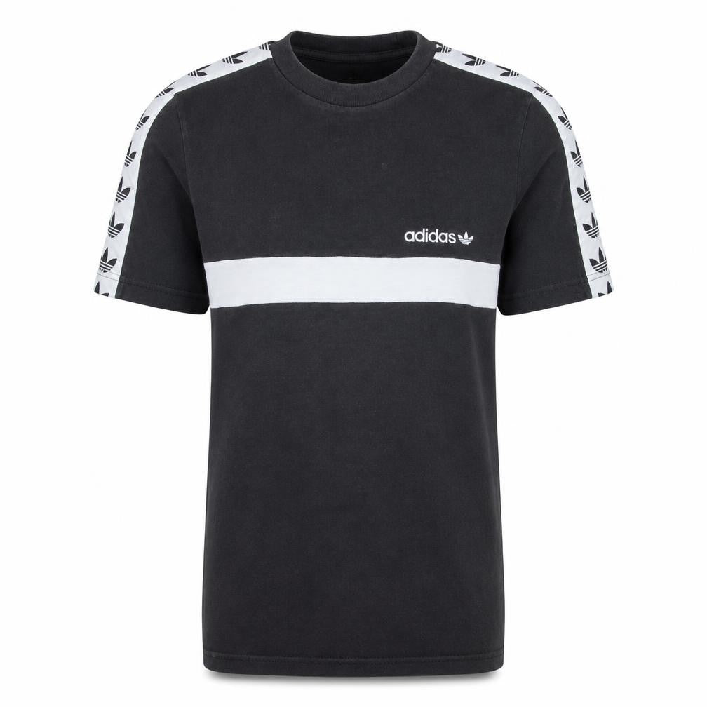 Front view of Adidas Men's Black Crew Neck Short Sleeve Stripe T-Shirt, size S
