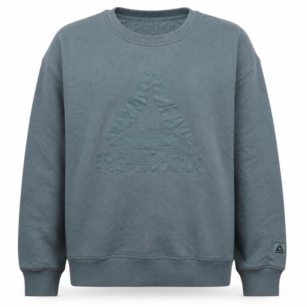 Front view of Reebok men’s green crew neck sweatshirt, size S, pullover logo fleece
