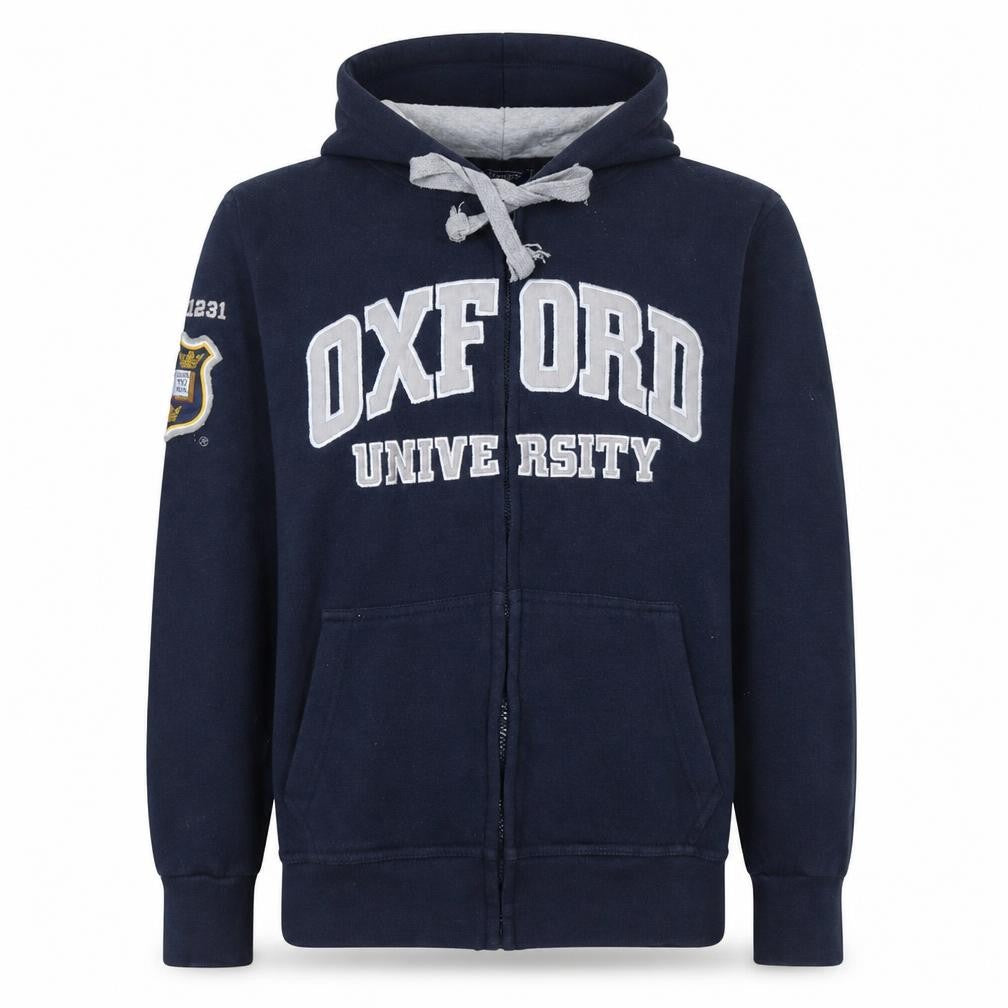 Front view of Oxford University Men's Blue Full Zip Hoodie, size S