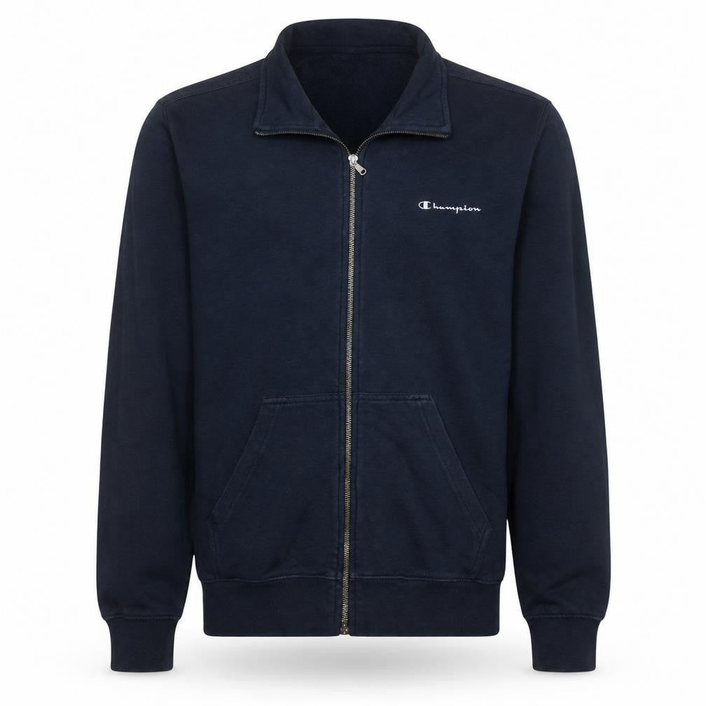 Front view of Champion Men's Blue Full Zip Collared Sweatshirt, size L