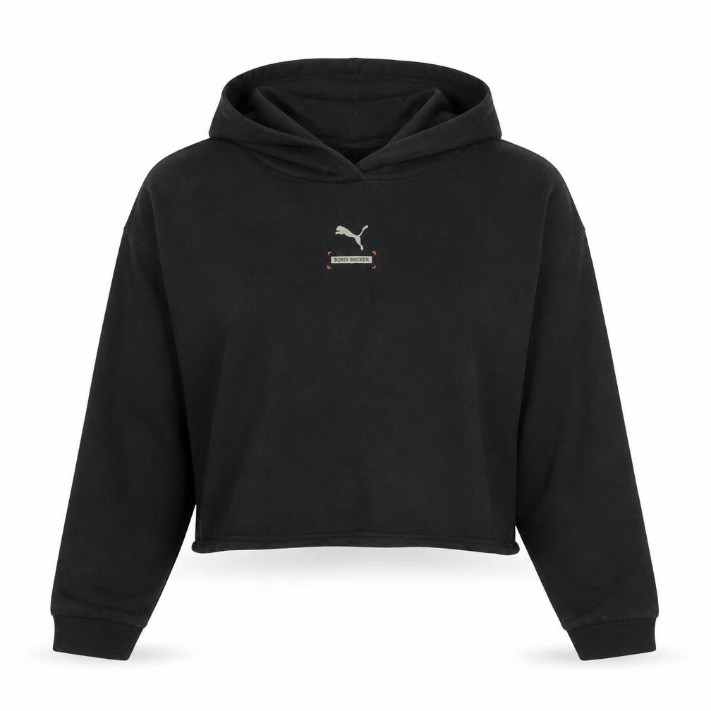 Front view of Puma women’s black cropped hoodie l long sleeve pullover casual sportswear